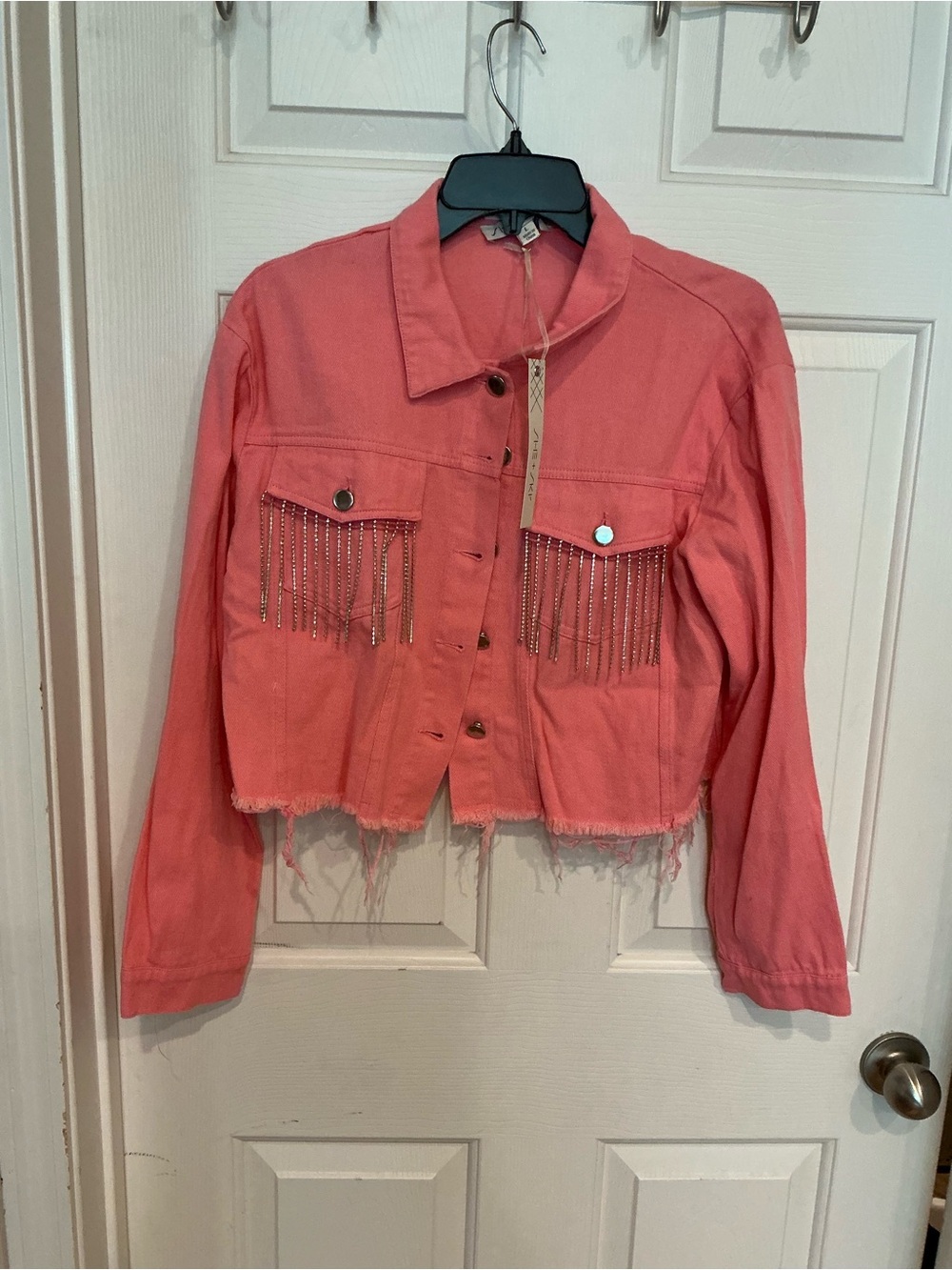 Cropped Coral Jean Jacket with Chain Fringe